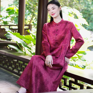 【25MM香云纱】觅萝香原创设计春红云纱红莨八达运立领长袖连衣裙