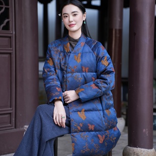 珠扣中长款 3D对花彩绘 90白鹅绒 羽绒服女 40MM绞织重缎香云纱