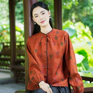 【26MM香云纱】觅萝香原创设计红龟纹印花吉祥葫芦珠扣长袖衬衫女