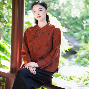 【26MM香云纱】觅萝香原创设计春 红龟纹印花吉祥葫芦立领衬衫女