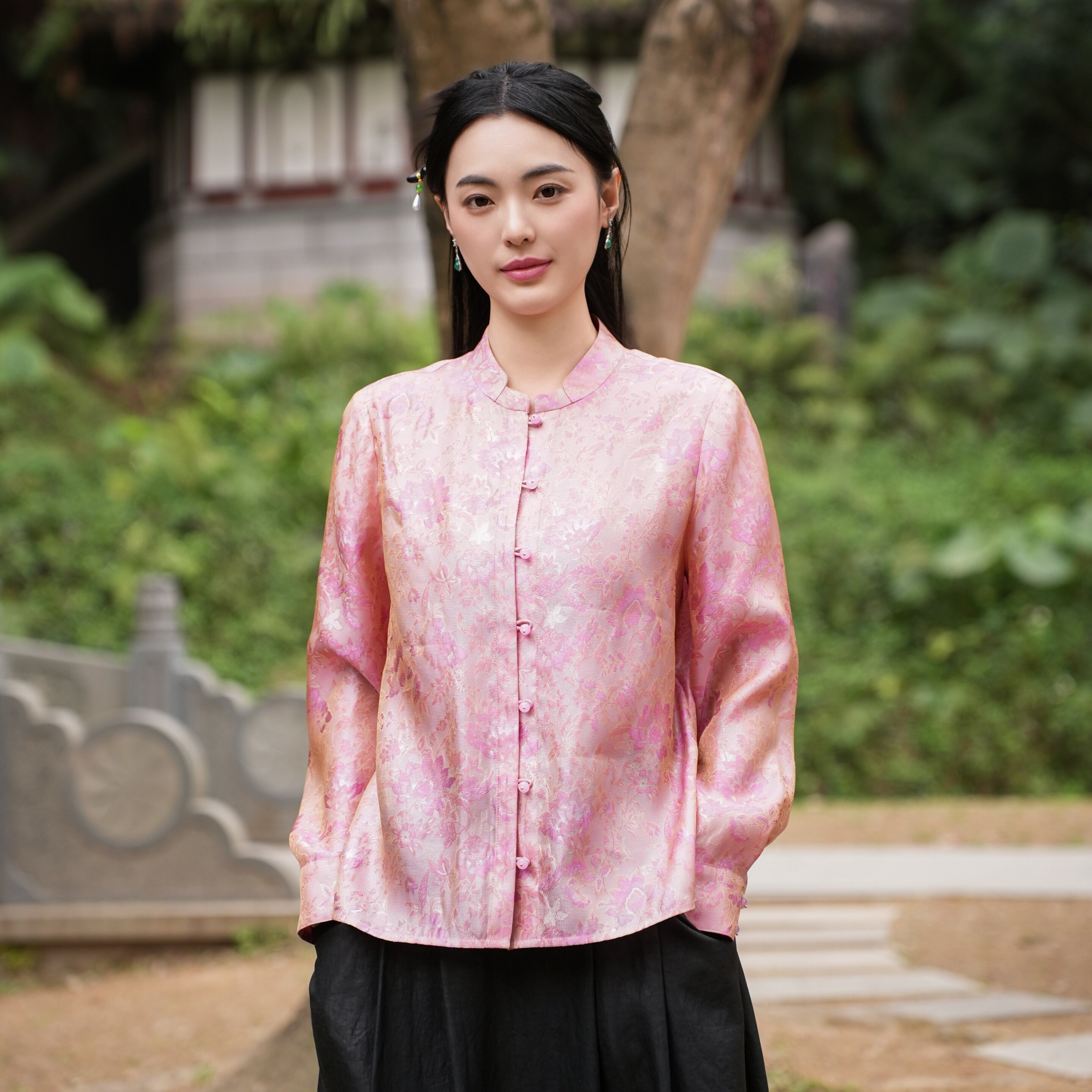 【浮光罗 100%桑蚕丝】觅萝香原创设计2026春 对襟 珠扣 长袖衬衫