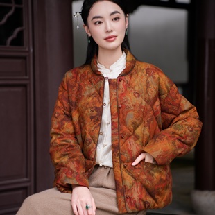 觅萝香冬 90白鹅绒 绢纺印花老料 长袖 羽绒服 短款 40MM香云纱