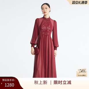 古色商场同款秋季新品酒红红装喜婆婆优雅收腰连衣裙女装