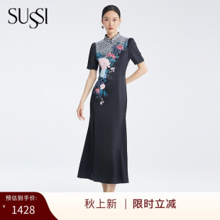 古色秋季新品商场同款黑色中式印花气质鱼尾连衣裙女装