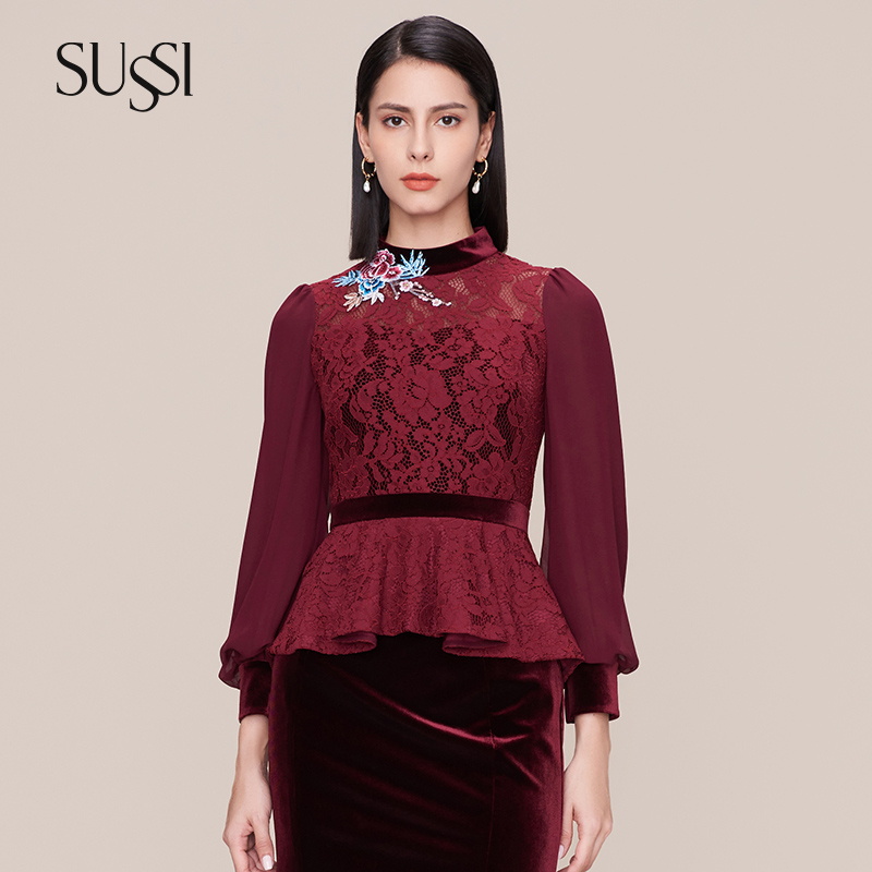 sussi/古色21冬季酒红色长袖上衣