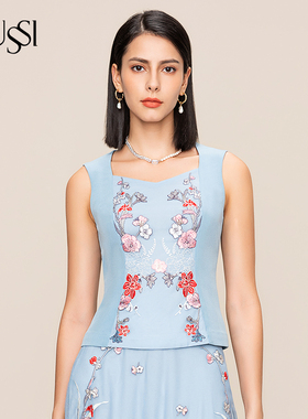 SUSSI/古色秋季新品商场同款蓝色前片刺绣无袖上衣11AV3040551