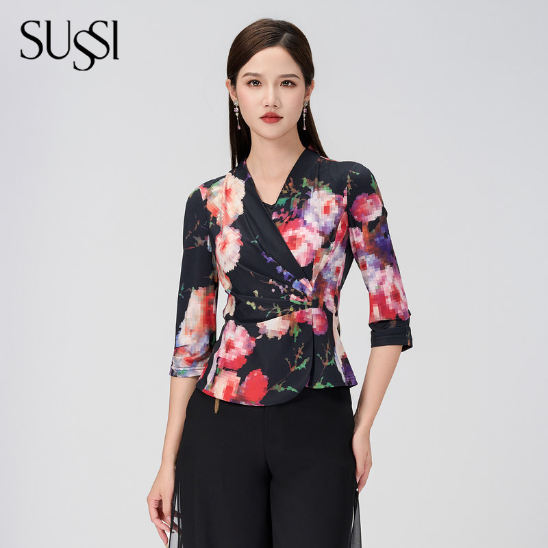SUSSI/古色24秋季新品黑色百搭气质淑女长袖印花上衣女装
