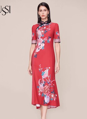 SUSSI/古色25夏商场同款红色旗袍领缩褶袖印花连衣裙11AV3060999
