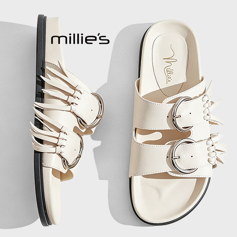 MILLIE'S/妙丽夏季流苏一字带凉鞋女平底皮带扣厚底外穿拖鞋Z