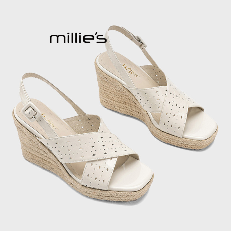 MILLIE'S/妙丽坡跟草编凉鞋女夏季交叉带镂空后绊带显高休闲鞋Z