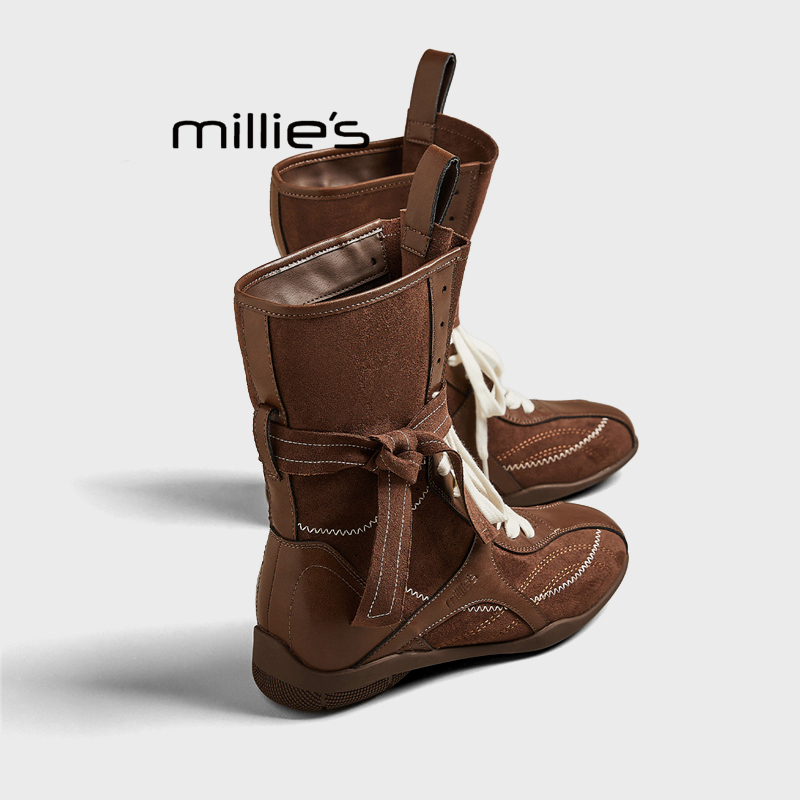 MILLIE'S/妙丽2025新款配裙子薄款增高中筒复古英伦风马丁靴女款