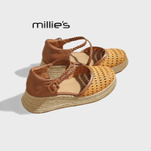 妙丽夏法式 复古编织坡跟凉鞋 MILLIE 女气质百搭镂空编织罗马鞋