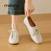 妙丽德训鞋 女米白色系带平底百搭休闲鞋 MILLIE 内增高单鞋