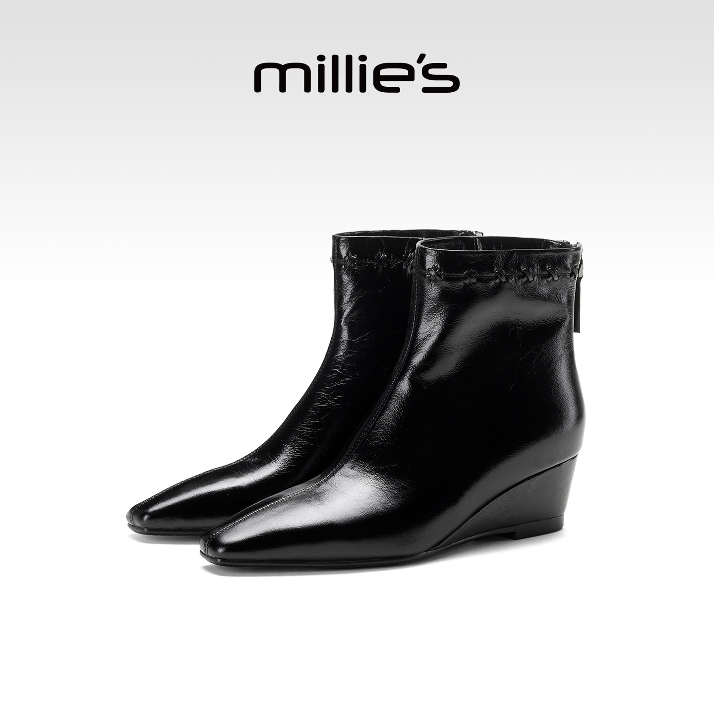 MILLIE'S/妙丽2026新款短筒时尚女靴子气质粗跟红色西部骑士靴