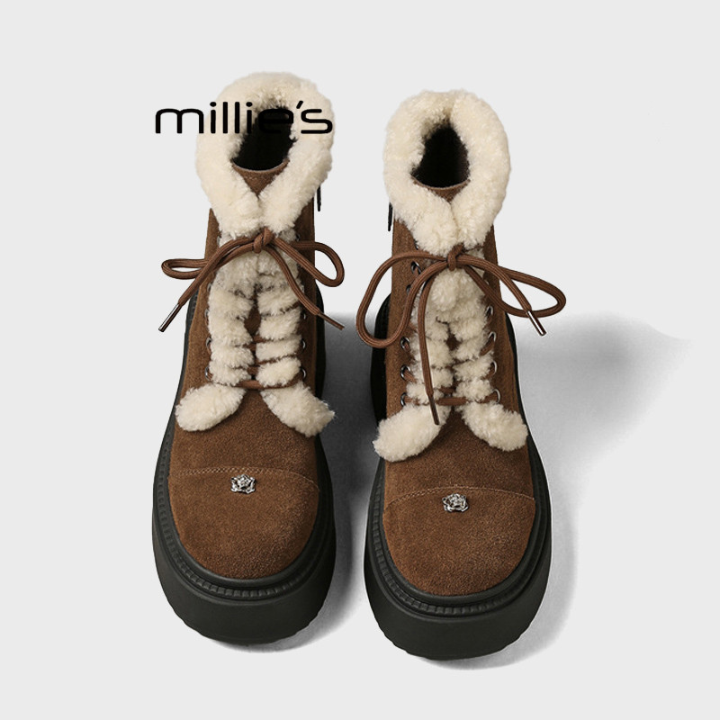 MILLIE'S/妙丽加绒雪地靴女厚底增高系带保暖靴加厚毛绒马丁靴Q