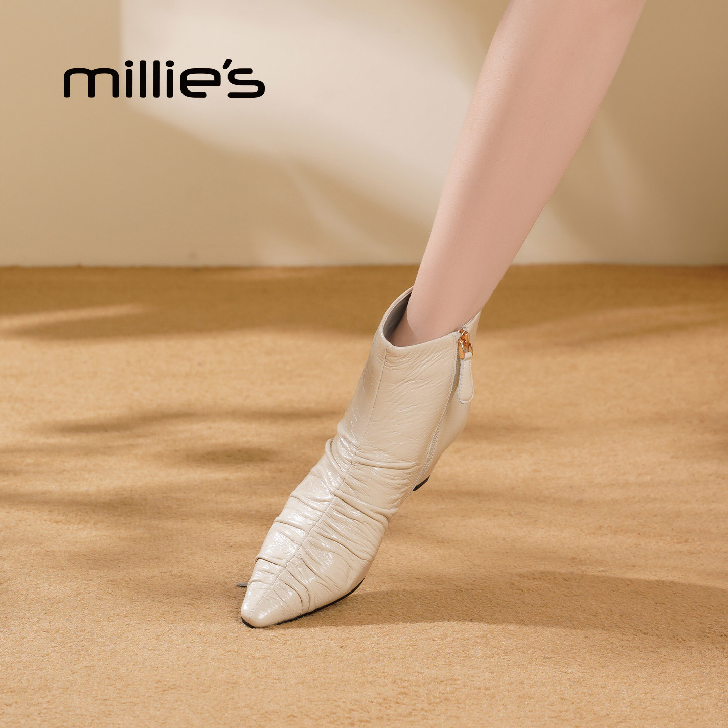MILLIE'S/妙丽真皮短靴女2026新款尖头褶皱及踝靴瘦瘦靴切尔西靴Q
