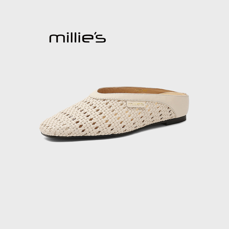 MILLIE'S/妙丽编织镂空包头半拖鞋外穿夏季透气配裙子平底凉鞋女