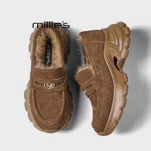 棕色保暖棉鞋 妙丽乐福鞋 加绒厚底一脚蹬休闲鞋 女冬季 MILLIE