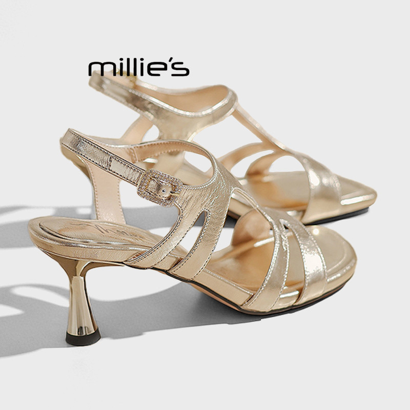 MILLIE'S/妙丽2026夏季法式时尚方头交叉带高跟鞋露趾细跟凉鞋女Z