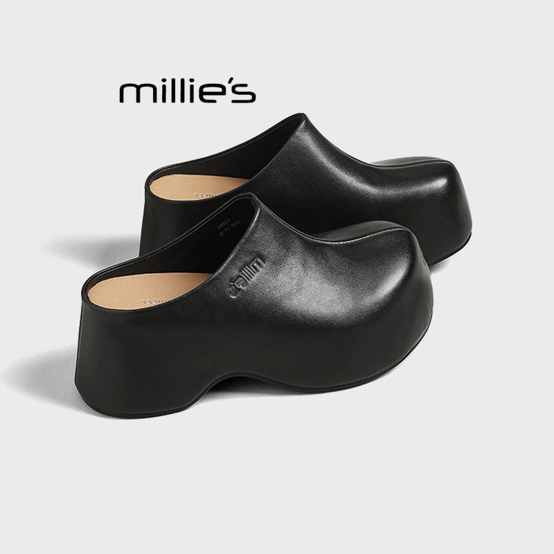 MILLIE'S/妙丽春款厚底包头半拖鞋女外穿真皮百搭小个子增高拖鞋