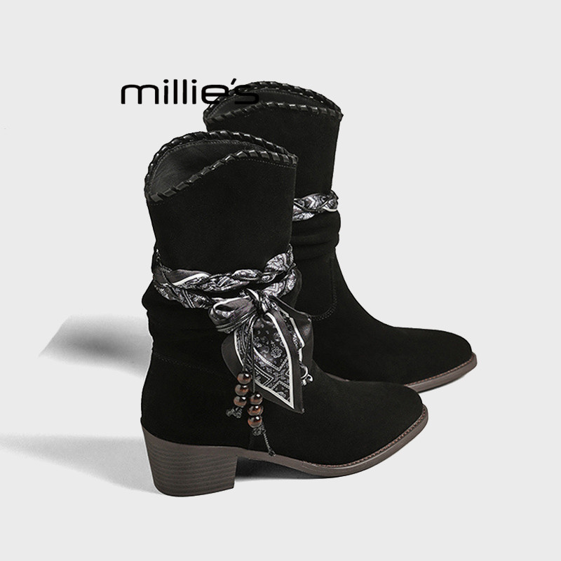 MILLIE'S/妙丽绒面短靴女秋冬季尖头丝巾瘦瘦靴设计感西部靴子潮Z