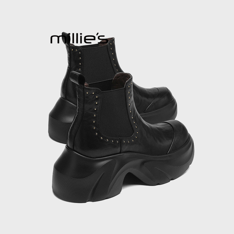 MILLIE'S/妙丽2026春款真皮切尔西短筒机车靴松糕厚底增高马丁靴