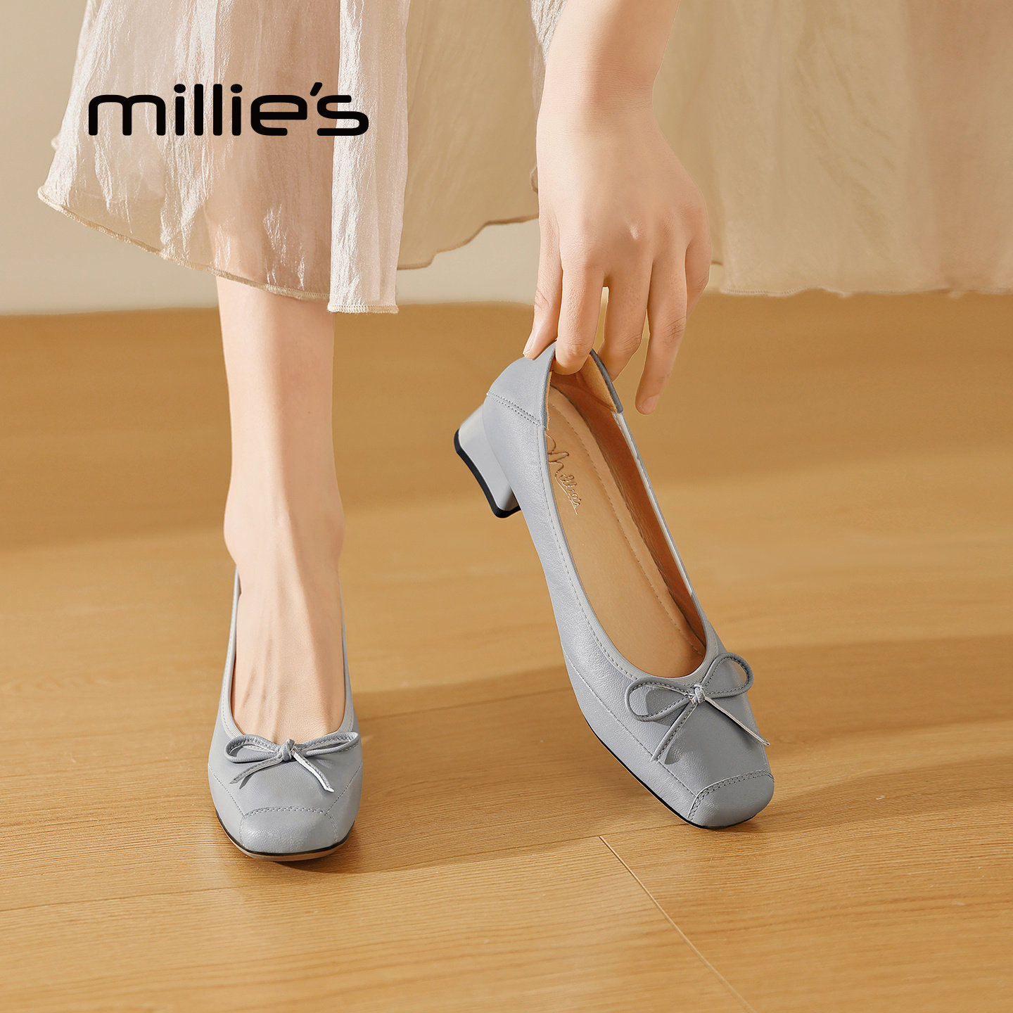 MILLIE'S/妙丽法式芭蕾风真皮浅口单鞋女蝴蝶结方头豆豆鞋Z,女鞋,乐福鞋（豆豆鞋）,淘宝优惠券,粉丝福利购,淘宝优惠卷