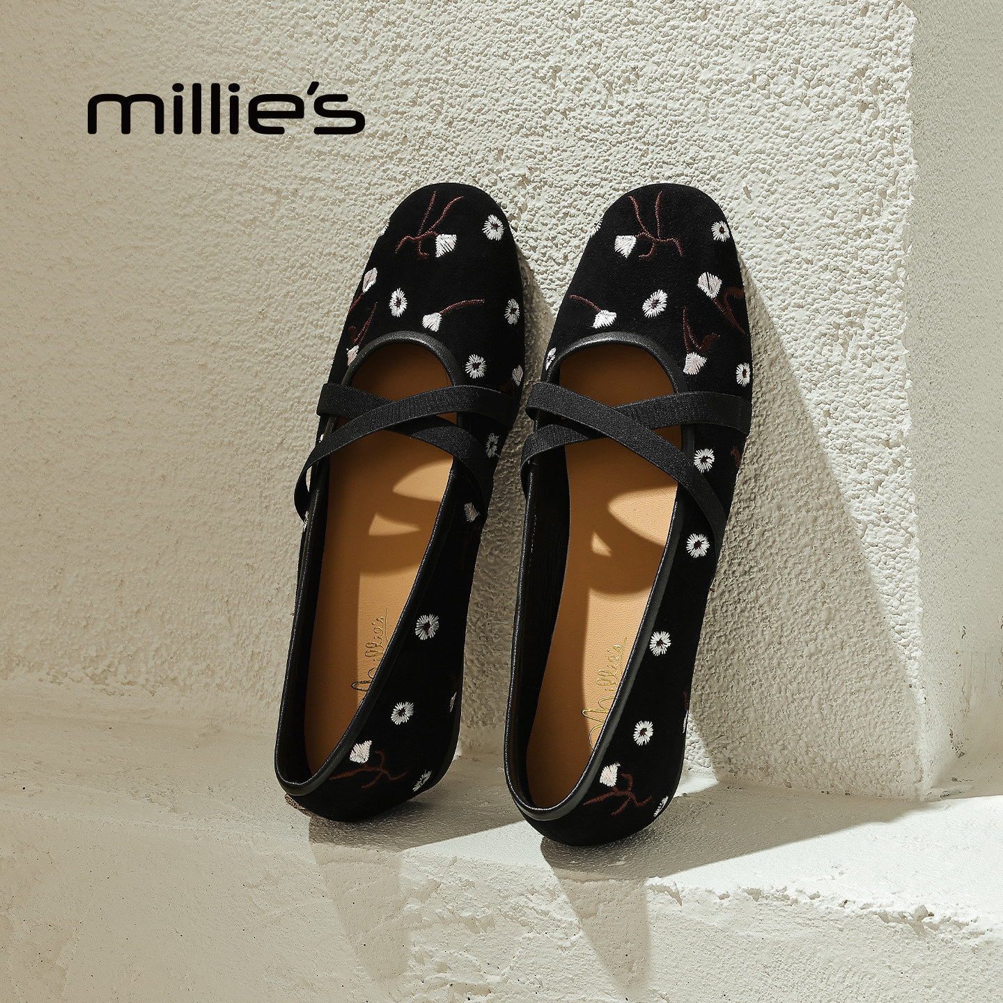 MILLIE'S/妙丽黑色刺绣花朵玛丽珍鞋女交叉带芭蕾舞鞋平底单鞋Z,女鞋,玛丽珍鞋,淘宝优惠券,粉丝福利购,淘宝优惠卷