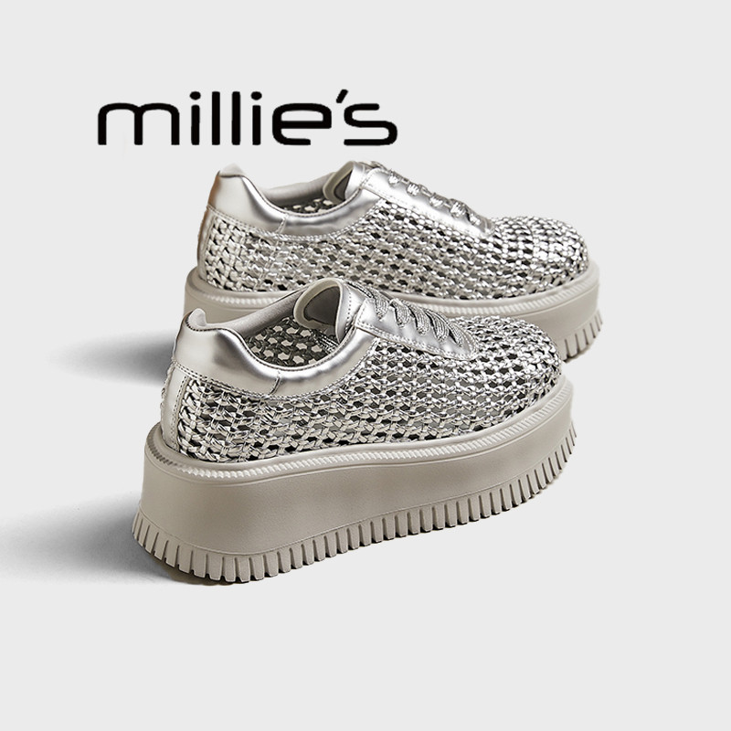 MILLIE'S/妙丽厚底高跟镂空网面编织透气2026夏新款银色增高板鞋