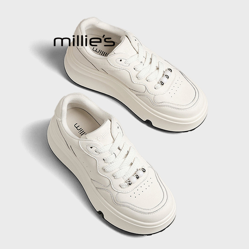 MILLIE'S/妙丽小白鞋女增高小个子真皮百搭2026春款复古休闲板鞋