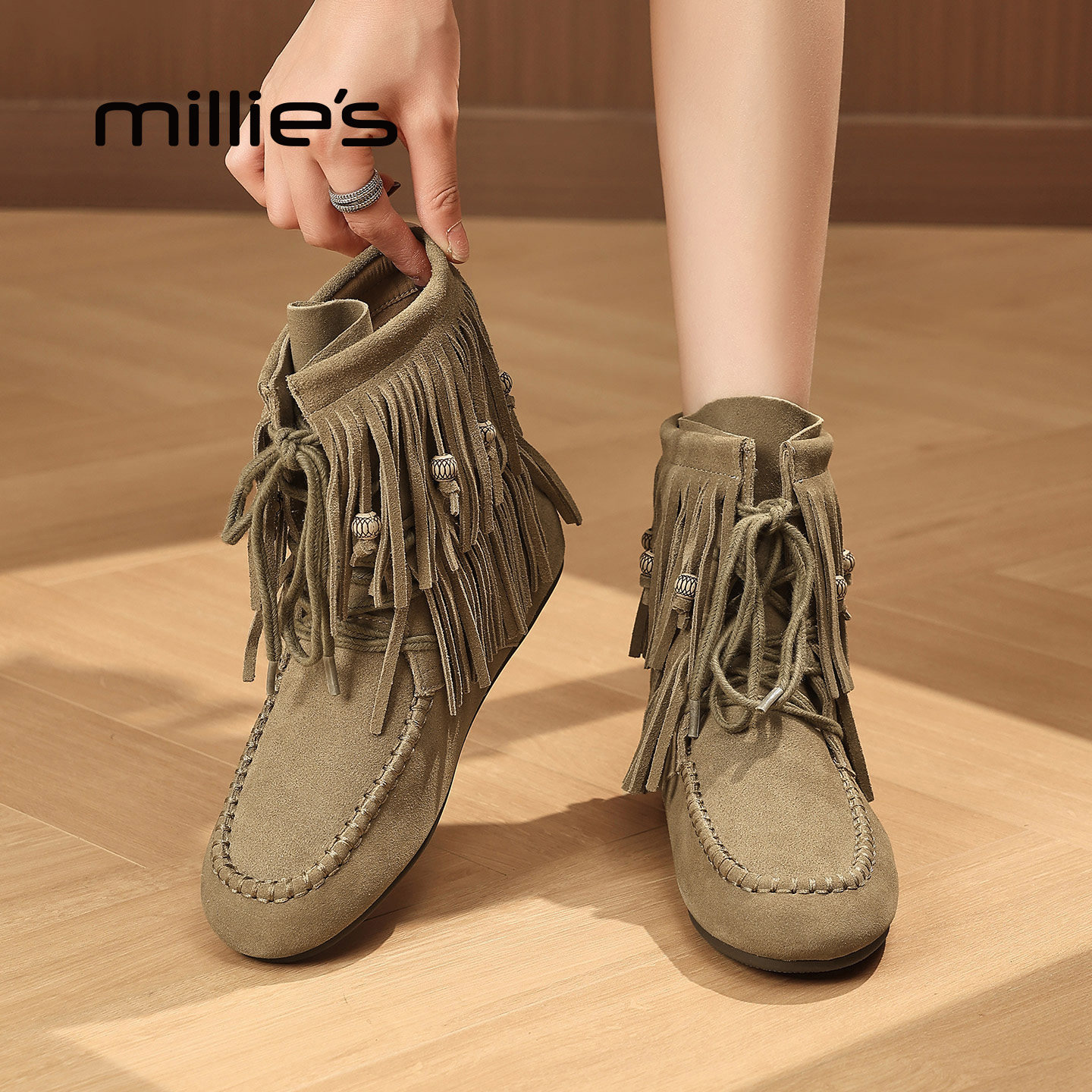 MILLIE'S/妙丽真皮流苏靴女