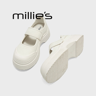 MILLIE'S妙丽2026夏季新款厚底小皮鞋女单鞋一字带包头凉鞋魔术贴