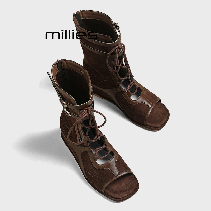MILLIE'S/妙丽鱼嘴罗马凉鞋女2026夏季新款晒痕结绳平底高帮凉靴Z
