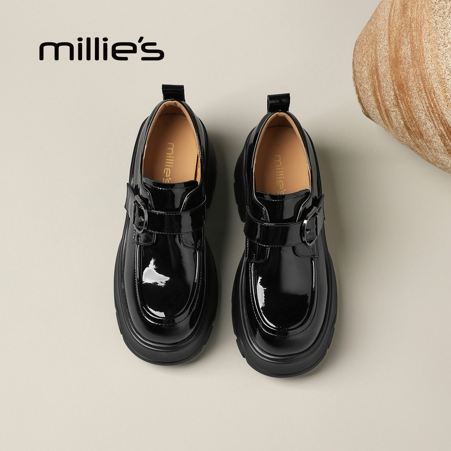 MILLIE'S/妙丽英伦风厚底乐福鞋女黑色漆皮皮带扣增高通勤单鞋Q,女鞋,玛丽珍鞋,淘宝优惠券,粉丝福利购,淘宝优惠卷