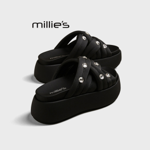 女休闲百搭松糕凉鞋 妙丽2025夏季 厚底水钻一字拖鞋 新款 MILLIE