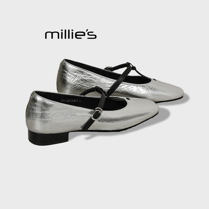 MILLIE'S/妙丽银色方头玛丽珍鞋女春季一字带芭蕾舞鞋平底单鞋Q,女鞋,雨鞋,淘宝优惠券,粉丝福利购,淘宝优惠卷