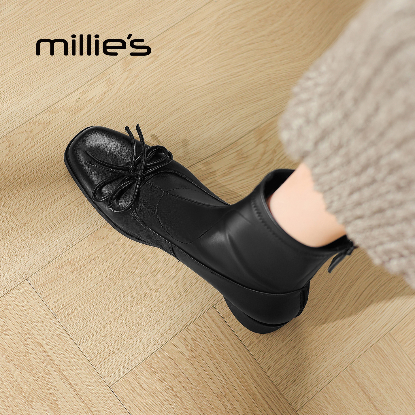 MILLIE'S/妙丽真皮方头短靴女