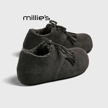 MILLIE'S/妙丽厚底保暖加绒勃肯鞋女厚底增高冬季新款流苏毛毛鞋Z