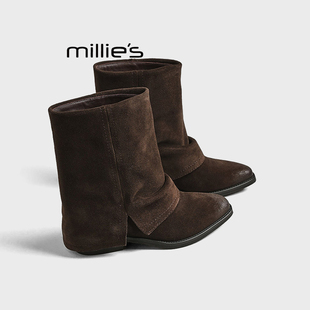 MILLIE'S/妙丽裤管靴炸街小短靴女鞋秋2026新款棕色西部瘦瘦靴子Q