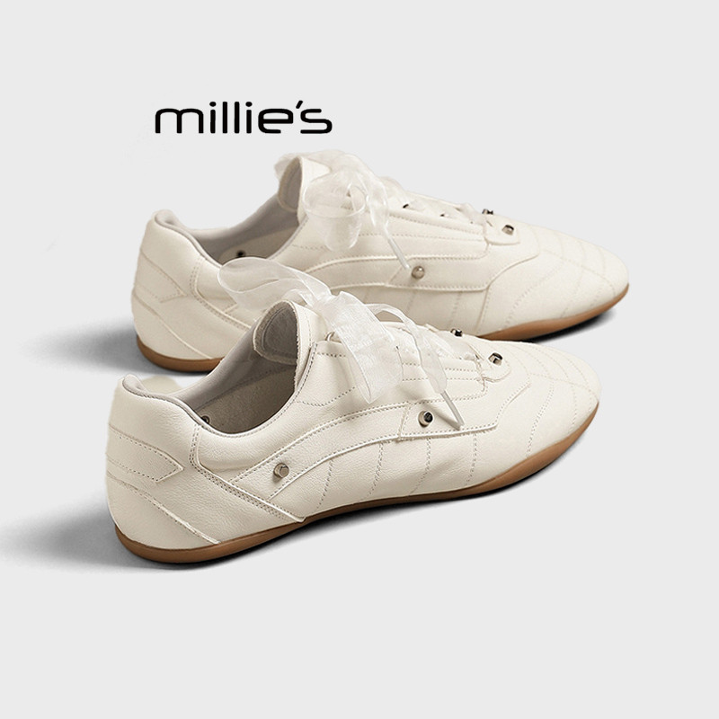 MILLIE'S/妙丽蕾丝绑带真皮德训鞋2026春季新款白色平底休闲女鞋,女鞋,德训鞋,淘宝优惠券,粉丝福利购,淘宝优惠卷