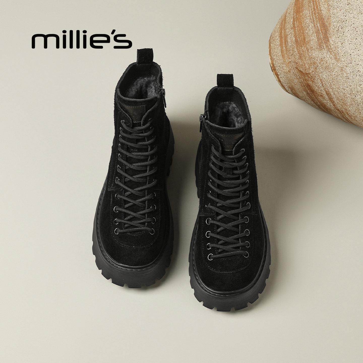 MILLIE'S/妙丽加绒马丁靴女厚底增高黑色系带短靴工装风女靴Q