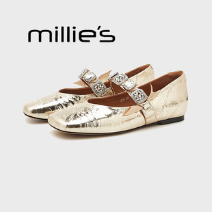 MILLIE'S/妙丽新款女鞋真皮圆头浅口舒适平底单鞋女金色玛丽珍鞋