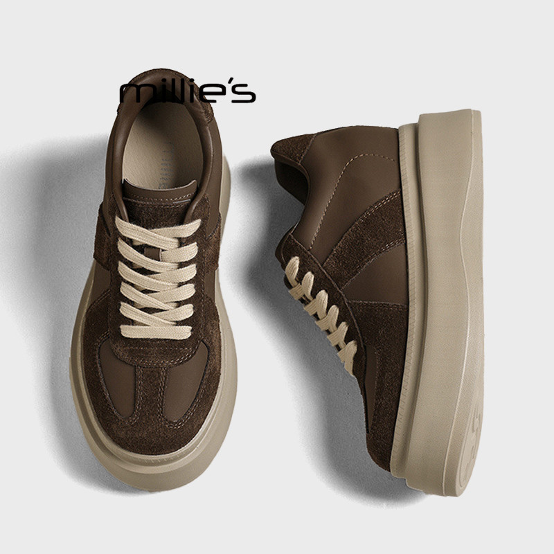 MILLIE'S/妙丽真皮厚底德训鞋女休闲运动板鞋增高米咖色系带雨鞋Z