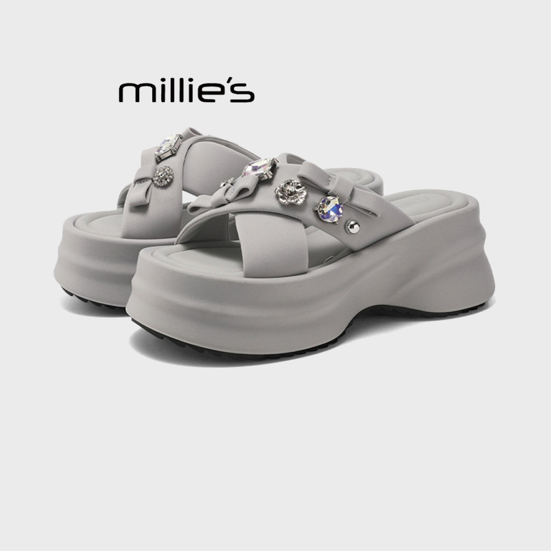 MILLIE'S/妙丽法式水钻厚底拖鞋2026夏季外穿交叉带凉鞋增高绝美Z