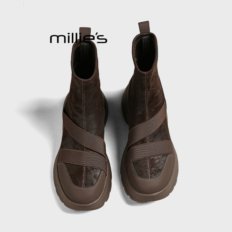 MILLIE'S/妙丽2026秋冬新款厚底马丁靴女时尚百搭圆头黑色短靴Z