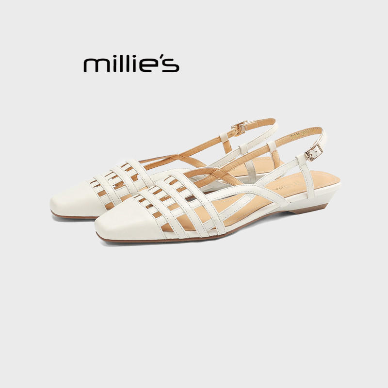 MILLIE'S/妙丽百搭镂空真皮女凉鞋时尚包头后空单鞋罗马高跟鞋,女鞋,一字带凉鞋,淘宝优惠券,粉丝福利购,淘宝优惠卷