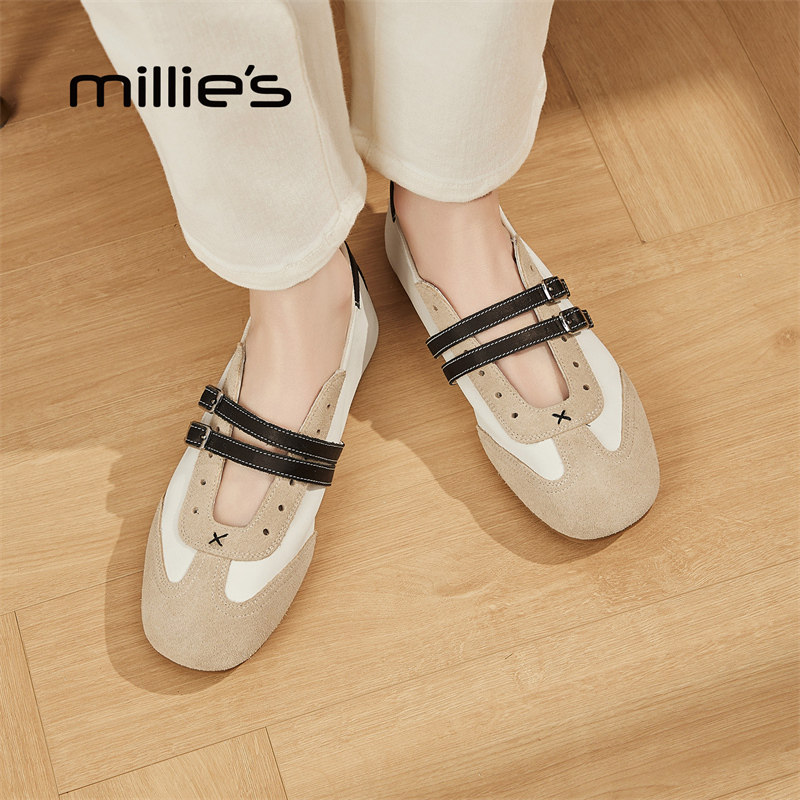 MILLIE'S/妙丽2026新款法式复古拼色芭蕾舞鞋女平底休闲运动鞋,女鞋,时尚休闲鞋,淘宝优惠券,粉丝福利购,淘宝优惠卷