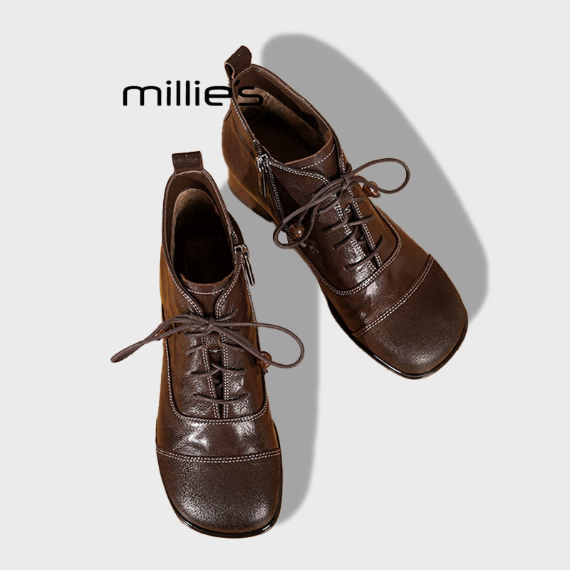 MILLIE'S/妙丽秋冬复古圆头串珠绑带马丁靴舒适粗跟真皮女士短靴Q