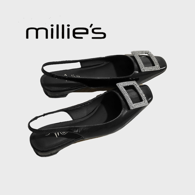 MILLIE'S/妙丽水钻包头凉鞋女款夏新款方扣单鞋女低跟黑色高跟鞋