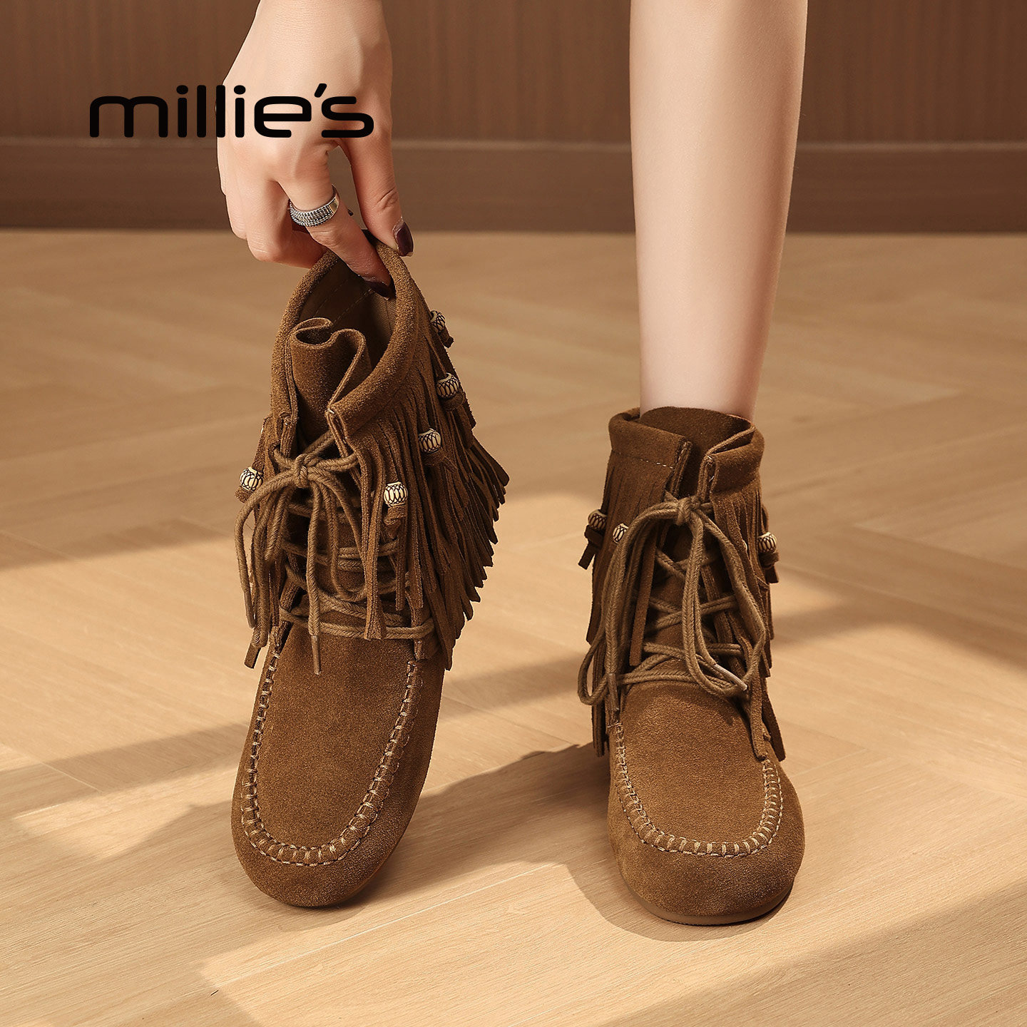 MILLIE'S/妙丽真皮平底短靴